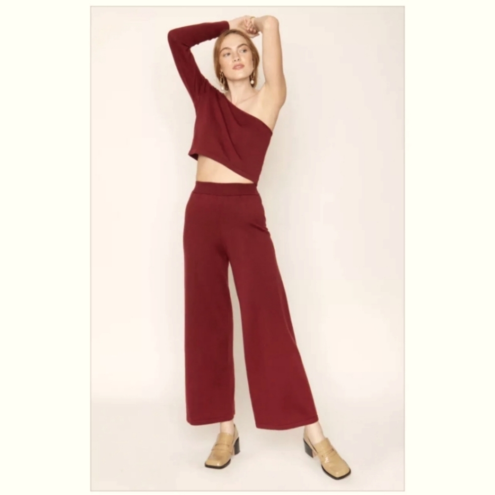 NWT Callahan x Revove Knitwear Julia Wide Leg high Waist Knit Pant Bloodstone L
